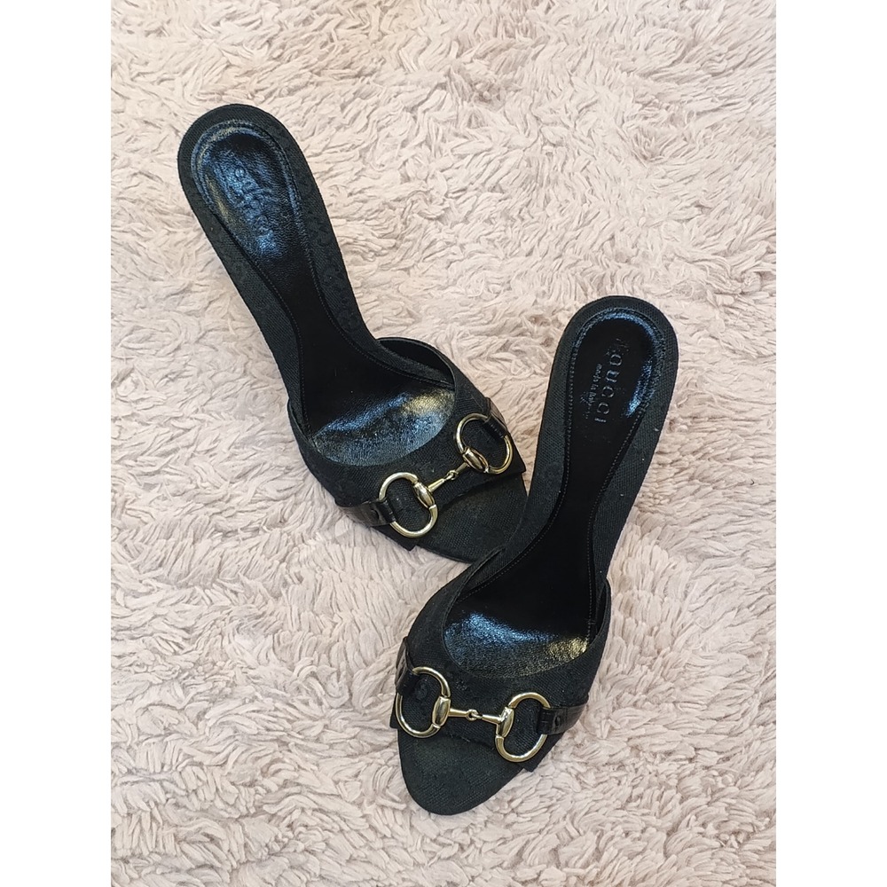 Gucci Horsebit GG Monogram Canvas Mules Black Stiletto Sandals 138703 Size 38.5 - Picture 11 of 11